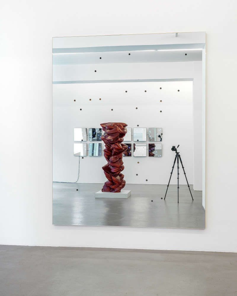 Alberto Garutti, ‘Nello studio: libreria verdinoazzurro, sedie, pianoforte, vecchia poltrona rossa di fintapelle’, 2015, perforated mirror, wood