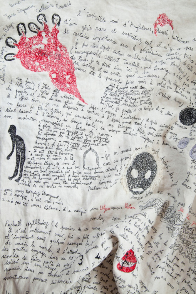 Véronique Arnold, ‘Et ces moutons, si doux, dévorent les humains (detail)’, 2014, Embroidery with black and red thread on linen canvas