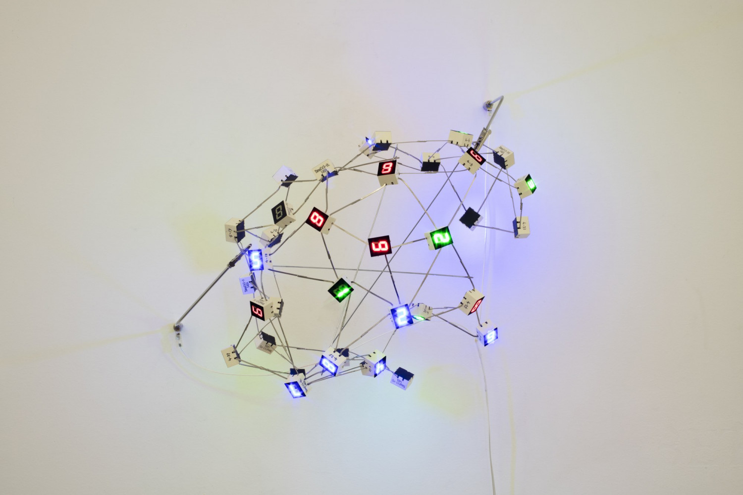 Tatsuo Miyajima, ‘“C.F. Globe” no. 4’, 2014, Light Emitting Diode Gadget (x 36), electric wire, stainless prop, teflon wire, switching power supply / ESS 50-5