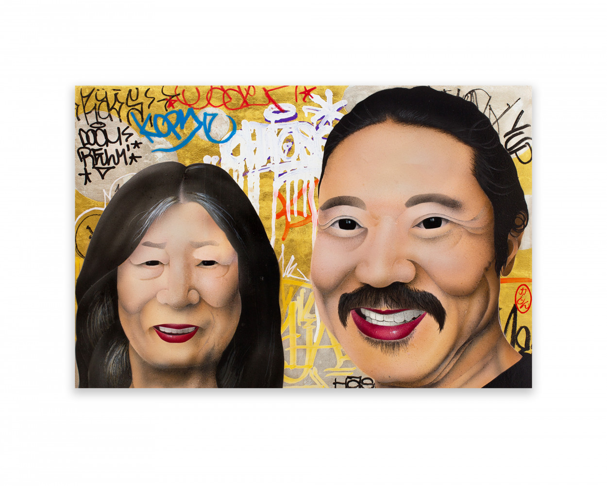 Gajin Fujita, ‘My Most Important Smile in Life (selfie)’, 2024, 12K white gold leaf, 24K gold leaf, spray paint on wood panel