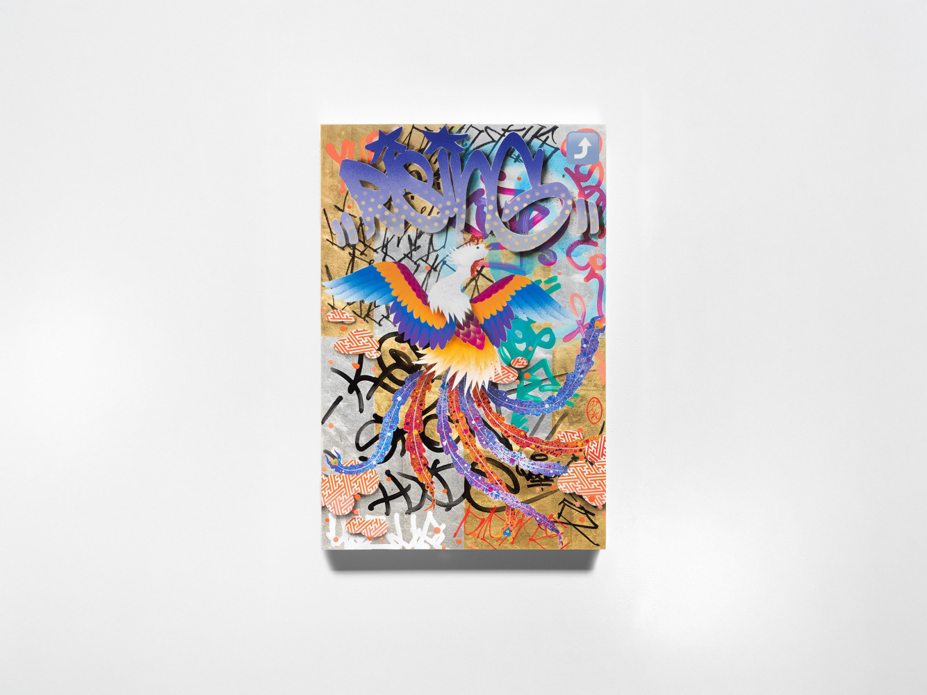 Gajin Fujita, ‘LA Rising Up’, 2025, 12K white gold leaf, 24K gold leaf, spray paint, paint markers and clear gloss finish on wood panel