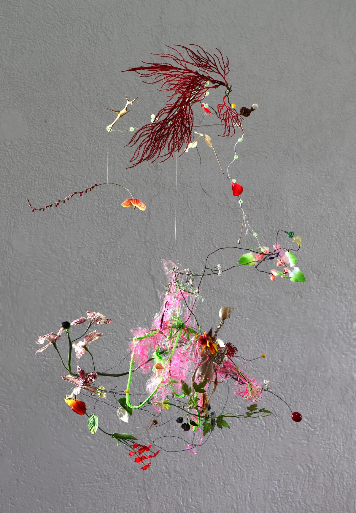 Gerda Steiner & Jörg Lenzlinger, ‘Bebe Poule’, 2022, multi-part hanging object artificial plants, chicken skeleton, wire, nylon rope      