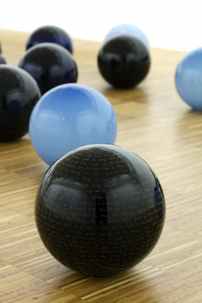 Véronique Arnold, ‘Poétiques Sphériques’, 2018-2019, blown glass spheres with engraved poems 