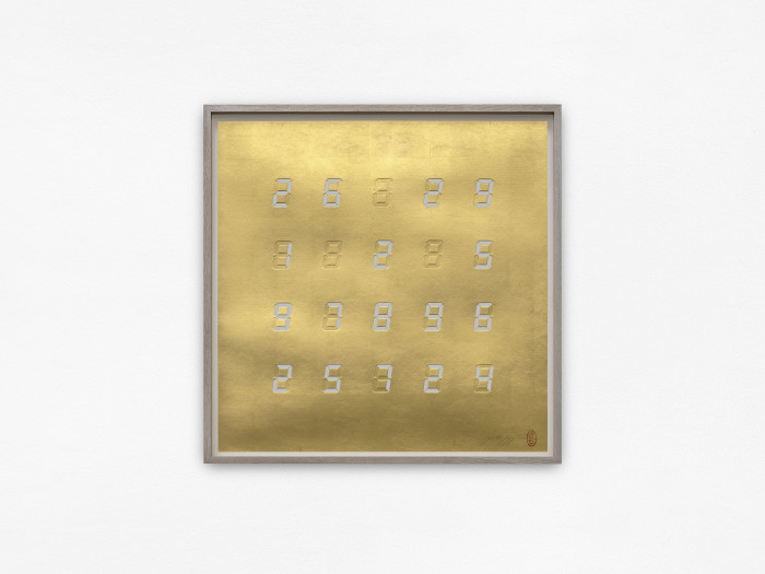 Tatsuo Miyajima, ‘Life Face on Gold S23’, 2023, White silkscreen on embossed and gold leafed paper