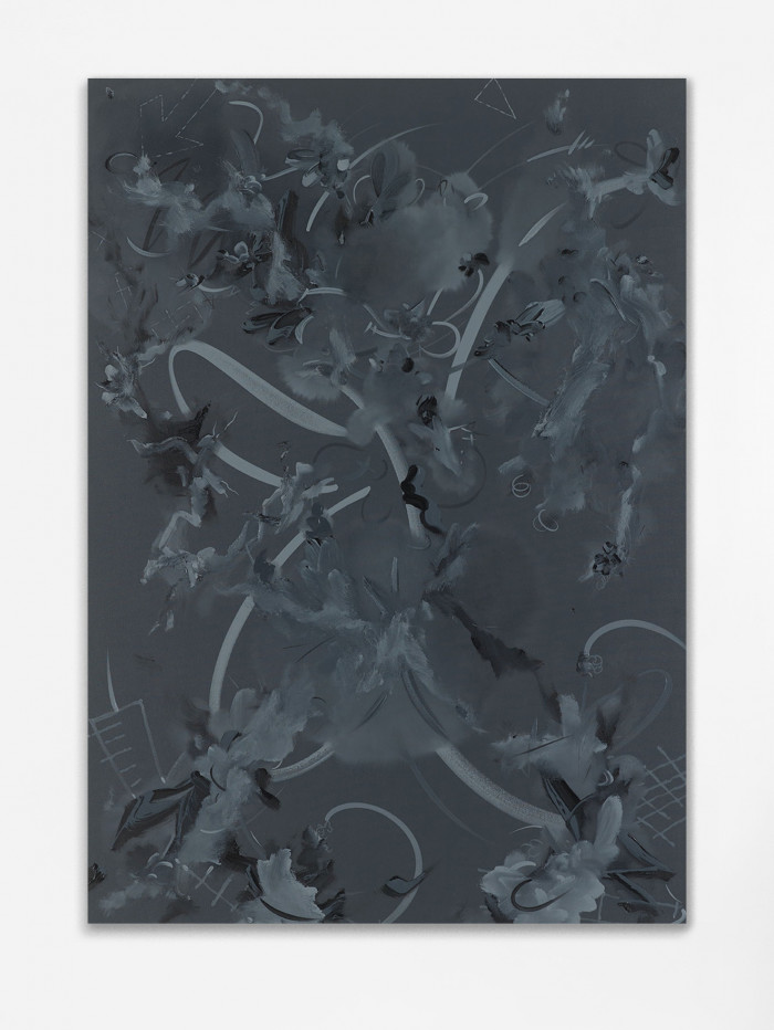 A painting by Fiona Rae in grayscale