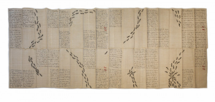 Véronique Arnold, ‘Karl Marx et les fourmis’, 2014, Embroidery with black and red thread on linen canvas