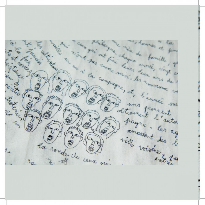 Véronique Arnold, ‘Et ces moutons, si doux, dévorent les humains (detail)’, 2014, Embroidery with black and red thread on linen canvas