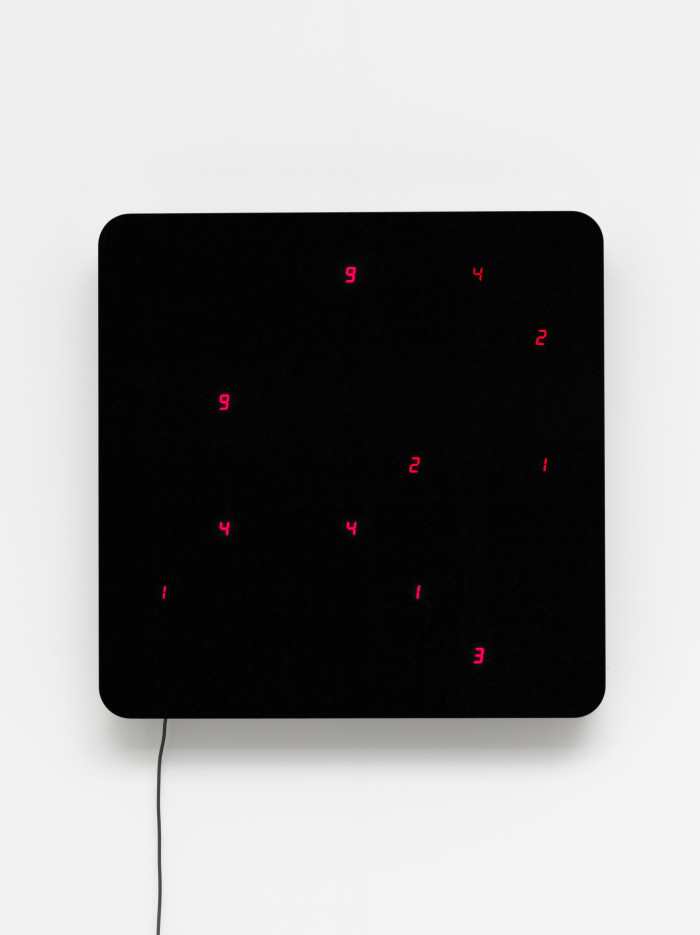 Tatsuo Miyajima, ‘Life (Ku-wall) - no.3’, 2014, 24 LEDs, IC, Microcomputer programmed by Ikegami, electric wire, passive sensor, smoked glass, stainless steel