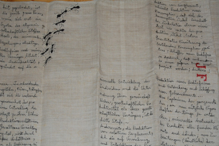 Véronique Arnold, ‘Karl Marx et les fourmis (detail)’, 2014, Embroidery with black and red thread on linen canvas