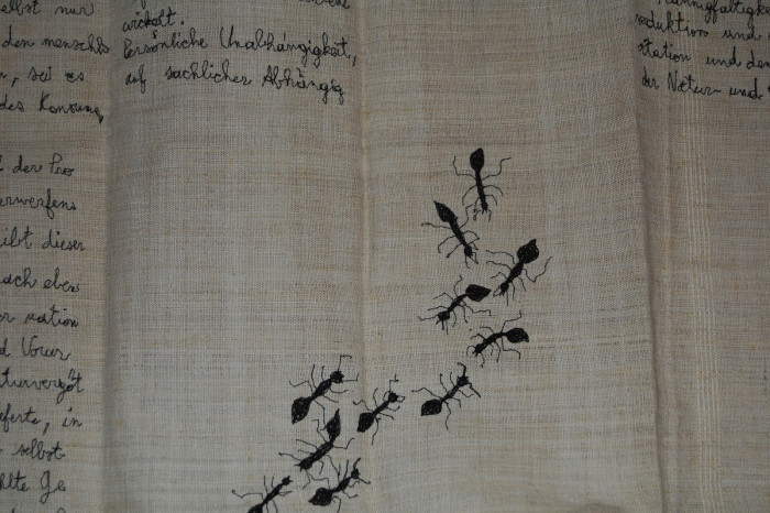 Véronique Arnold, ‘Karl Marx et les fourmis (detail)’, 2014, Embroidery with black and red thread on linen canvas