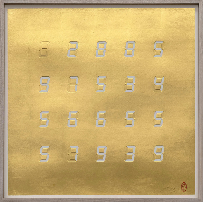 Tatsuo Miyajima, 2024, White silkscreen on embossed and gold leafed paper